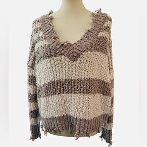 Stella Laguna Beach Cream and Tan Brown Distressed V-Neck Sweater S/M boho